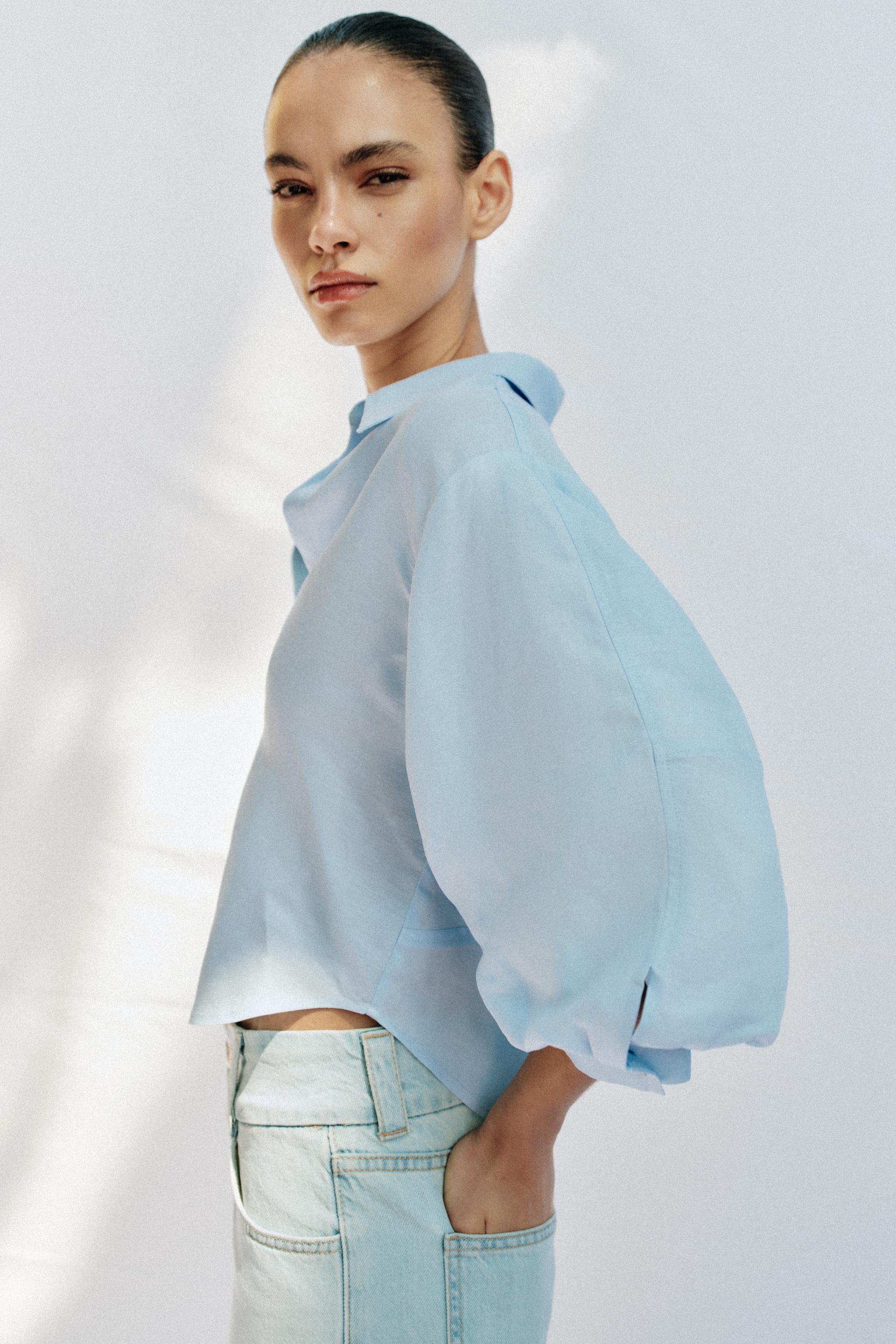 LINEN BLEND BALLOON SLEEVE SHIRT